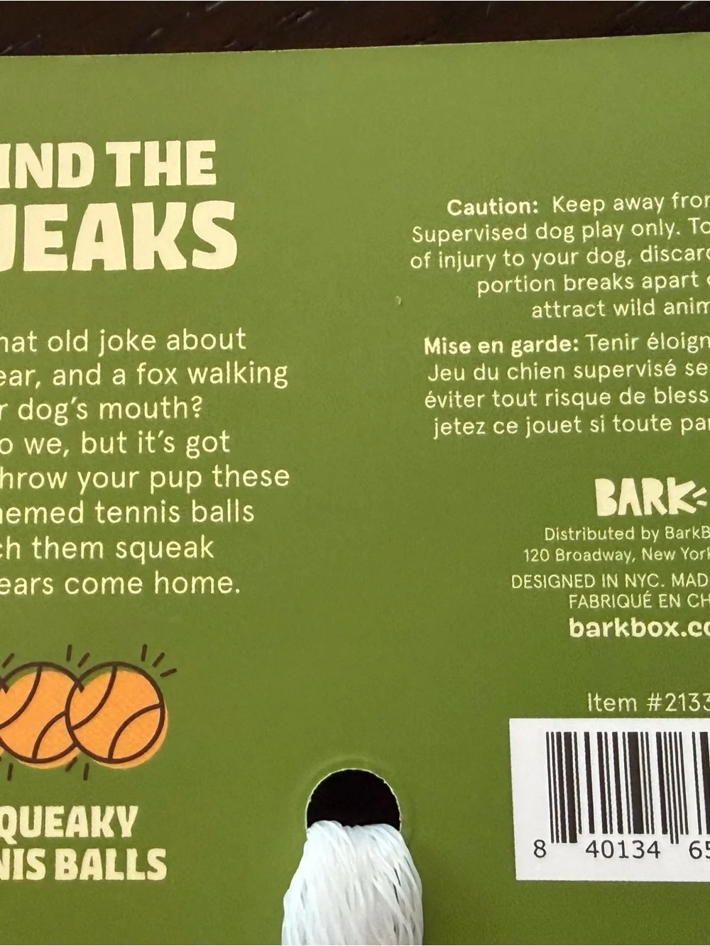 BARK Box set of 3 squeaky tennis balls.